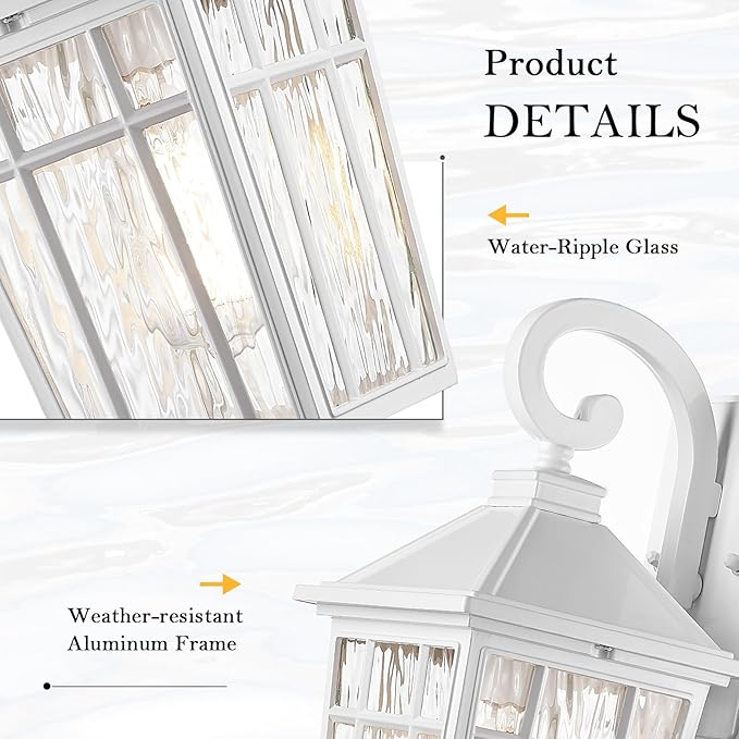 Darkaway Outdoor Wall Lights for House Exterior Lighting Fixtures Wall Mount Outside Porch Lights Waterproof White Outdoor Sconce Lights with Water Ripple Glass for Patio Garage Front Door