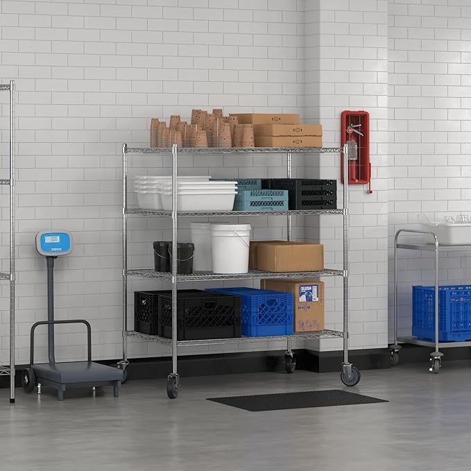 Commercial NSF Listed Chrome Mobile Wire Shelving Kit 30 x 48 x 60 with 4 Shelves Perfect for Warehouse Walk-in Refrigerator Freezer Grocery Store Restaurant Dishroom
