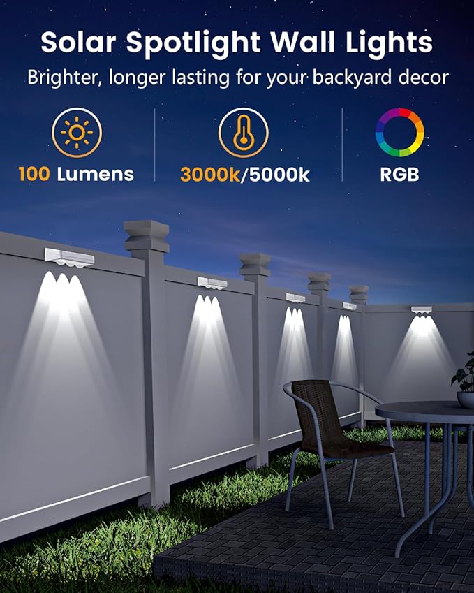 Solar Fence Lights Outdoor Waterproof Led 1300mAh16pack6 inch Solar Lights for Fence with Warm White &amp RGB 8 ColorsOutdoor Solar Lights for Patio Backyard Deck Railing (White)