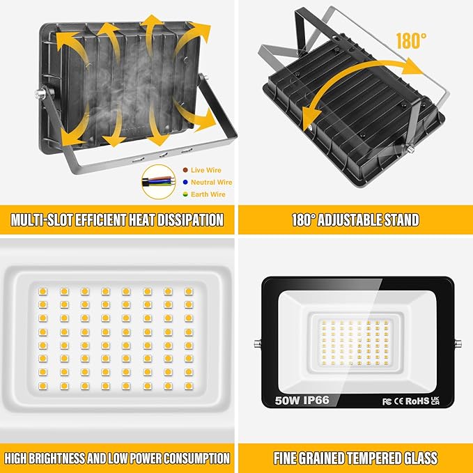 Willpower 2pcs Outdoor LED Floodlights 50W 5000LM LED Security Lights IP66 Waterproof 100V-250V Daylight Warm White 4000K Wall Light for Garden Garage Back Door Yard Lawn Court Patio
