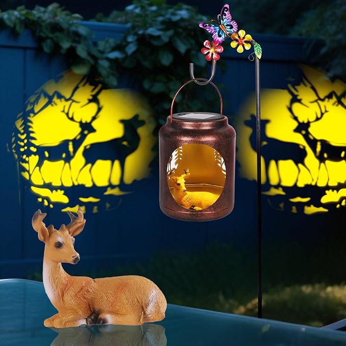 Metal Solar Lantern with Deer Patterns &amp Resin Deer Statue InsideOutdoor Lanterns with Shepherds Hook Gifts for Women Mom GrandmaOutside Haning Decor for Yard Garden Patio Backyard Porch