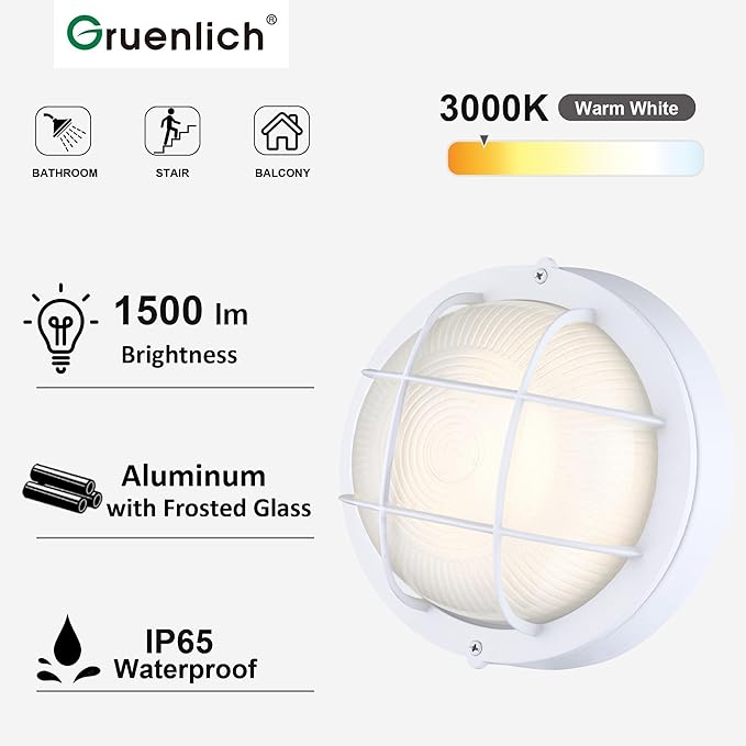 GRUENLICH 8'' Round LED Bulkhead Light Fixture Outdoor Wall Lights Dimmable Sauna &amp Exterior Lighting ETL Rated 15W 1500 Lumen 3000K Warm White White Cast Aluminum Wall/Ceiling Mount 1 Pac