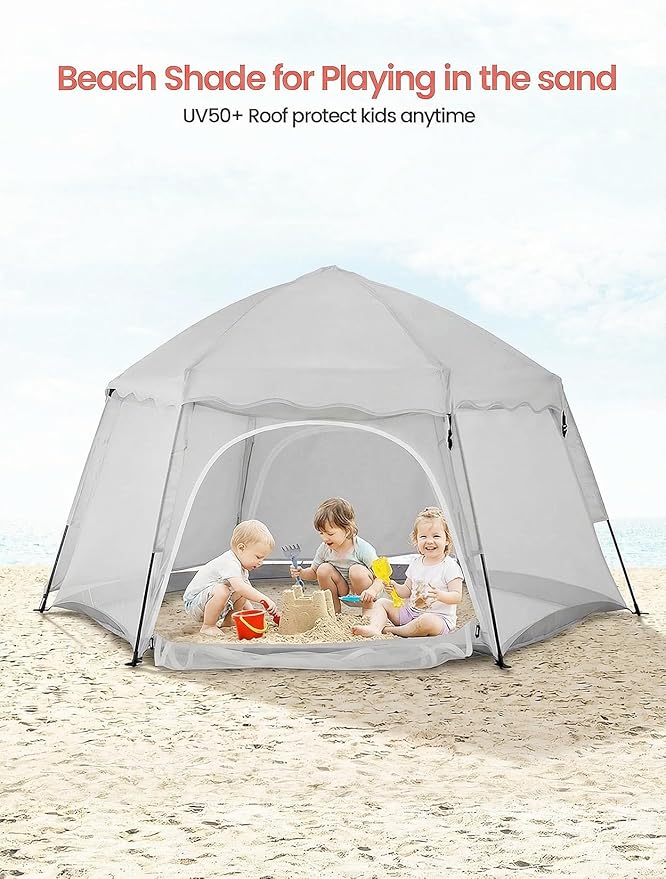 Portable Large Kids Beach Tent Shelter with Canopy UV Cover Indoor Outdoor Camping Tentwith Thick Removable Floor for Sleeping Or Beach Shelter (Light Grey)