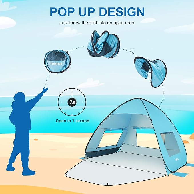 TOBTOS UPF 50+ Pop Up Beach Tent Easy Set Up Beach Umbrella Sun Shelter for 2-3 People UV Protection Portable Sunshade Baby Canopy Cabana Lightweight with Carry Bag