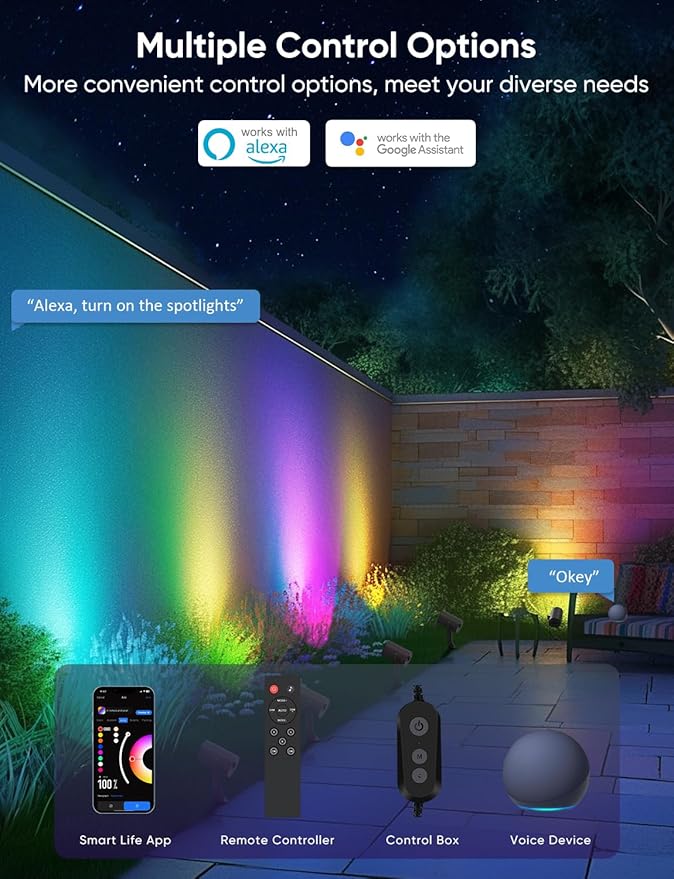 APPECK Smart Outdoor Spot Light 600lm RGBCW+IC Color Changing Landscape Lights 2 Pack IP65 Waterproof Low Voltage Landscape Lighting App/Voice Control for Garden Pathway Yard Christmas Decor