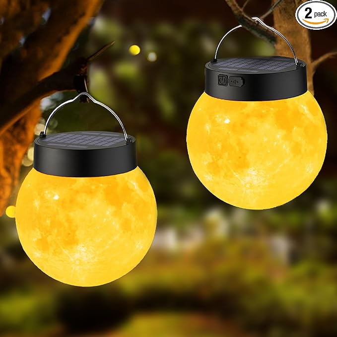 Solar Powered Garden Moon Lights 2 Pack 3D Moon Surface Printing Globe Light with Warm White LED LightsWaterproof Outdoor for LawnPatioYardCampingChristmas Lights Decor