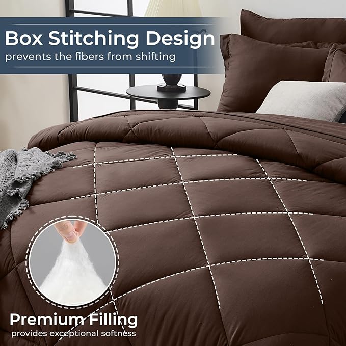 HEVUMYI Brown Full Comforter Set - 7-Piece All Season Bed in a Bag Full Ultra Soft Bedding Set with Comforter Flat Sheet Fitted Sheet Pillowcases Pillow Shams