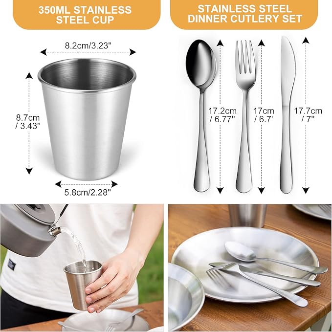 Odoland Stainless Steel Camping Mess Kit for Family &amp Person Cooking Tableware Utensils with Plates Bowls Forks Spoons Knives &amp Savings Bag for Camping Backpacking Hiking Picnic