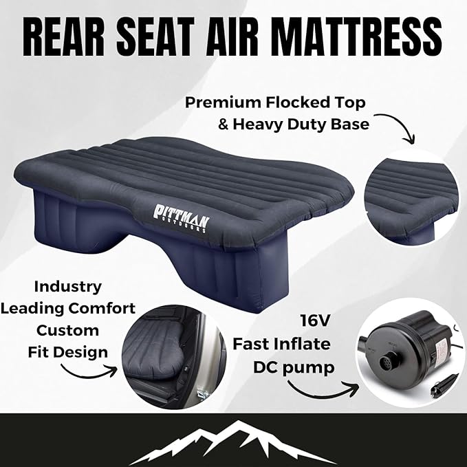 AirBedz by Pittman Outdoors - Inflatable Rear Seat Air Mattress Black - 55 Wide - Mid-Size Fits Jeeps Car SUV’s &amp Mid-Size Trucks Comes with Portable DC Air Pump