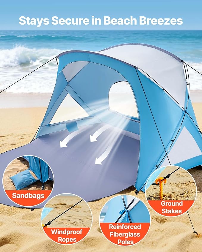 VEVOR Beach Tent Sun Shelter for 6 Person UPF 50+ Portable Sun Shade Beach with Carrying Bag &amp Sand Pockets Lightweight and Easy Setup Beach Umbrella for Family Camping Outdoor Picnic