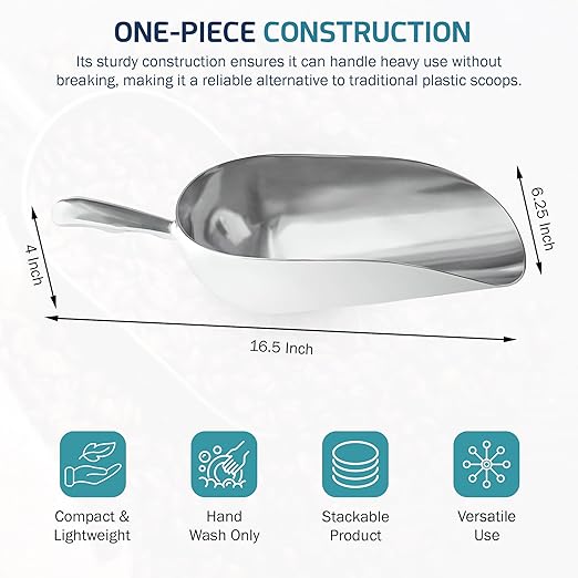 OCS Parts Aluminum 15.25-Inch Food and Ice Scoop | 85-Ounce | Professional Grade Scooper for Ice Flour Candy Sugar Rice Popcorn Coffee and Beans for Home or Commercial Kitchens
