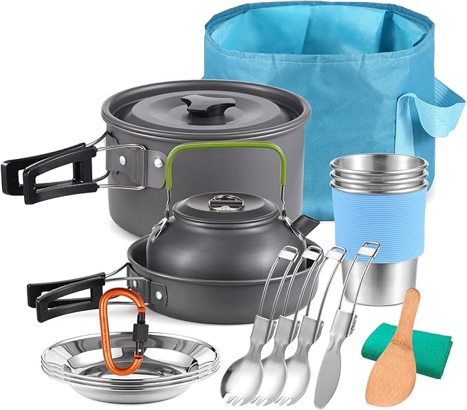 Camping Cookware Mess Kit Lightweight Aluminum Alloy Includes Pot Pan Kettle Dishes Cups Utensils Folding Bucket and Carrying Bag - Compact Outdoor Cooking Set for Hiking