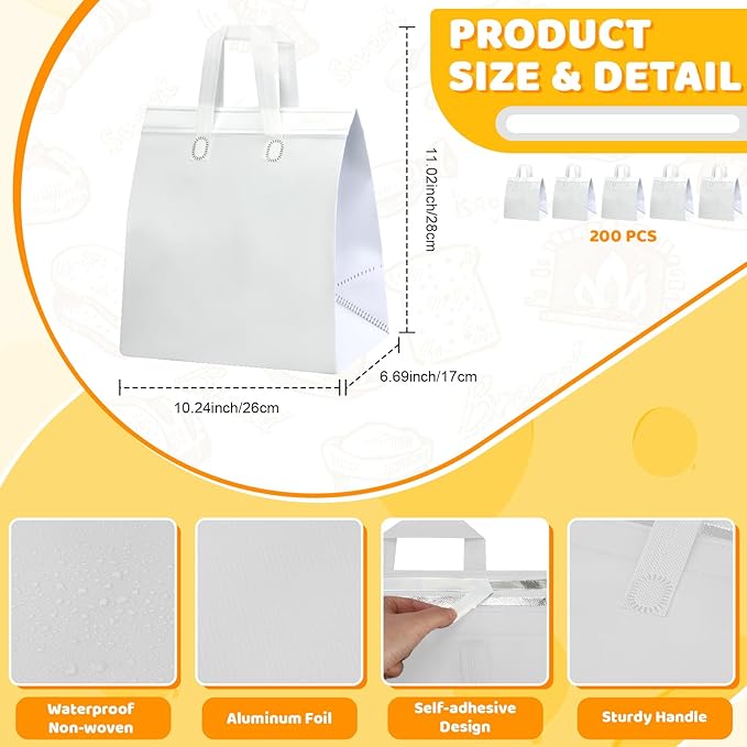 Hushee 200 Pcs Insulated Take out Bags Bulk Thermal Insulation Take Away Bags Disposable 10.24x11.02x6.69 Inch for Grocery Lunch Hot Cold Frozen Food Delivery Shipping Cooler(White)