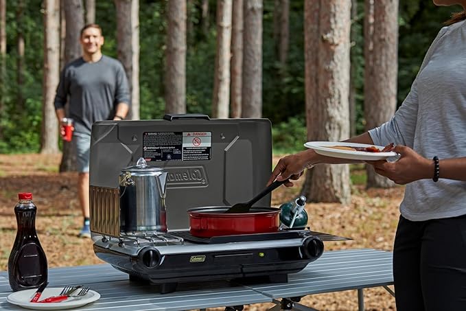 Coleman Tabletop 2-in-1 Grill &amp Stove with 2 Adjustable Burners Propane Grill/Stove with Push-Button Starter Wind Guards Grease Tray &amp 20000 BTUs of Power for Camping Tailgating &amp M