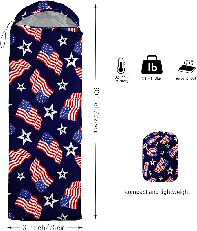 US Flag Sleeping BagAmerican Flag and Stars Camping Bag for Adults KidsStars Stripes Lightweight Warm Portable Outdoor Indoor-Waterproof Cold Weather Resistant for Camping Hiking Travelling
