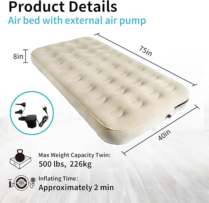 Twin Air Mattress with Fast Inflating Pump Blow up Mattress of Wave Flocked Top Durable Air Bed for Home Camping &amp Guests 8in Bed Height – 500lb Weight Capacity