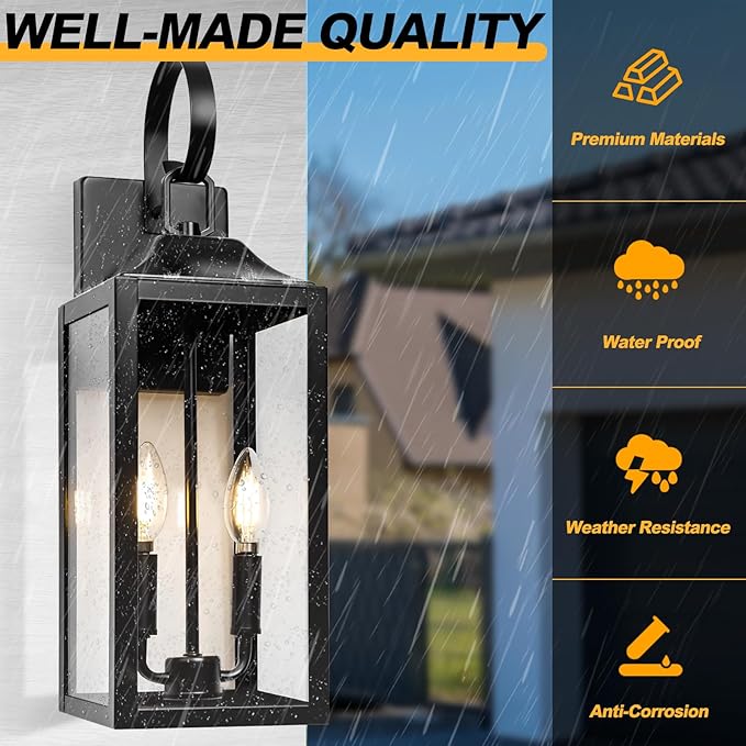 19 Large Outdoor Wall Light - Black Outside Wall Mounted Light Fixture Exterior Farmhouse Wall Sconce Lantern 2-Light Modern Porch Lighting Exterior Lamp for House 2 Pack