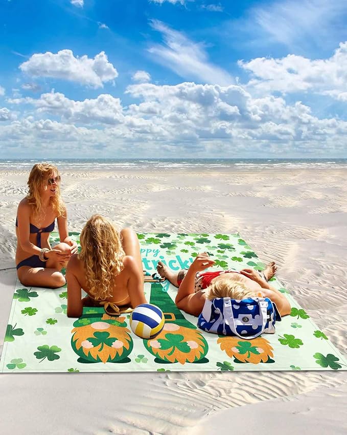 Beach Blanket Waterproof Sandproof OversizedHappy St. Patrick's Day Beach Mat with Corner Stakes Sand PocketsDwarves Four Leaf Grass Outdoor Picnic Mat for Travel Camping Hiking108x84In