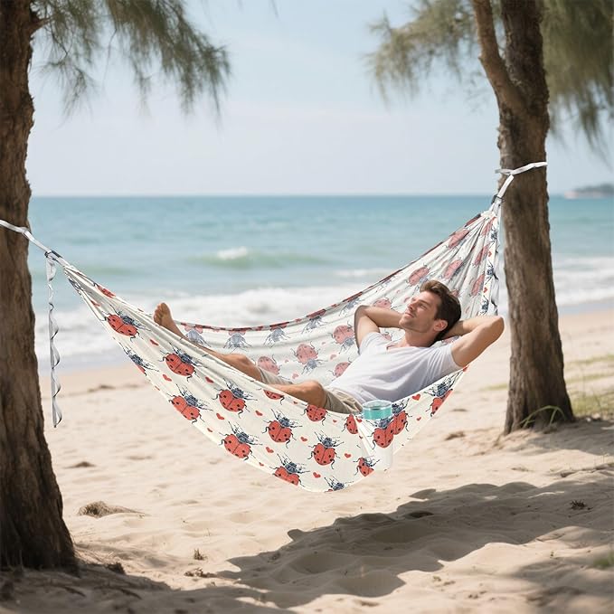 ALAZA Lady Bug Heart Dotted Lines Camping Hammocks Single or 2 Person 500 lbs Portable Parachute Travel Hammock w/Tree Straps for Hiking Backpacking Indoor Outdoor