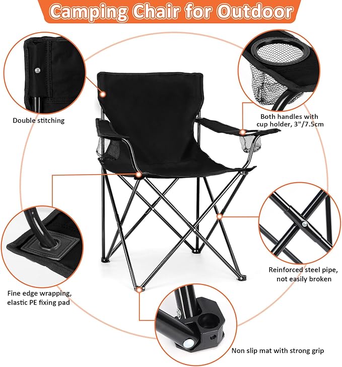 Leonyo 2 Pack Camping Chairs for Adults Lawn Chairs with Table Heavy Duty Folding Chairs for Outside Oversized &amp Comfy Sports Chair for Adults Fishing Beach Patio Hiking Lawn Travel - Black