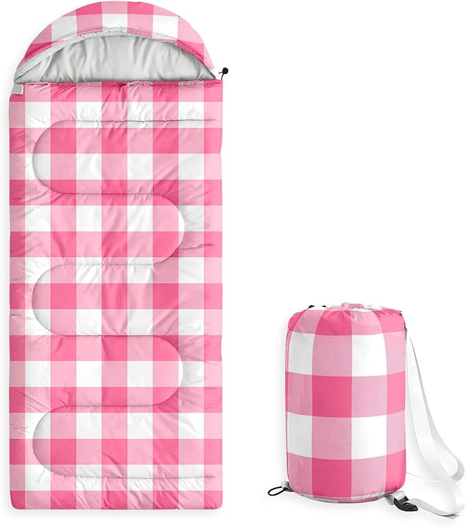Wake In Cloud - Kids Sleeping Bag for Boys Girls Toddlers Camping in Warm Cold Weather Backpacking Lightweight Compact Outdoor Liner for 3 Seasons Gingham Plaid