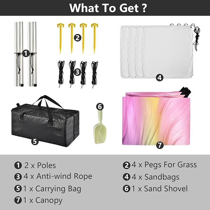 Rainbow Furry Texture Beach Tent Sun Shelter 9.2' x 10.5' Beach Canopy with 4 Sandbags 4 Stability Poles Sand Shovels - Tent Canopy for Beach Camping Fishing Picnics