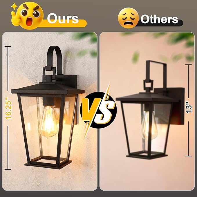 Kalium Outdoor Wall Lights Fixtures Lantern Frame 16 1/8 Outside Lights Black Transitional Durable Metal Clear Glass for Post Exterior Barn Deck House Porch Yard Patio Garage Garden