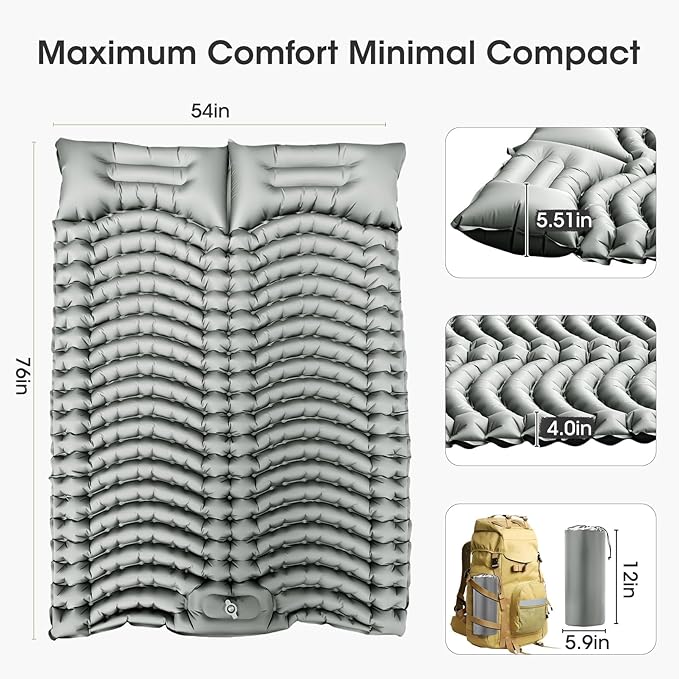 Double Sleeping Pad Self-Inflating 4 Thick for 2 Person Camping - Built-in Foot Pump Ergonomic Pillow &amp Ultra-Portable Design for Backpacking Hiking Tent Use