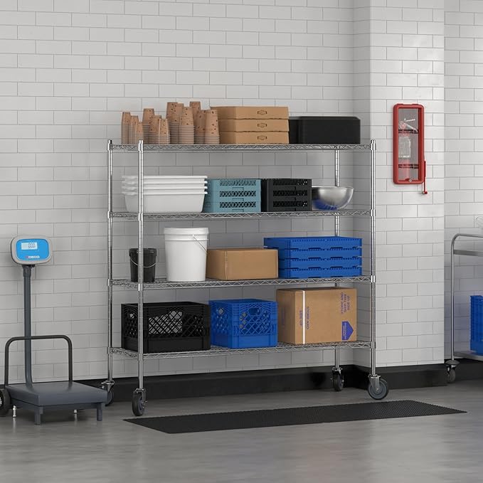 Commercial NSF Listed Chrome Mobile Wire Shelving Kit 18 x 60 x 60 with 4 Shelves Perfect for Warehouse Walk-in Refrigerator Freezer Grocery Store Restaurant Dishroom
