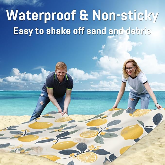 Waterproof Sandproof Beach Blanket 59''×68'' Lemon Flower Polyester Outdoor Picnic Blanket with 4 Stakes &amp Storage Bag for BeachCampingVacation Fruit