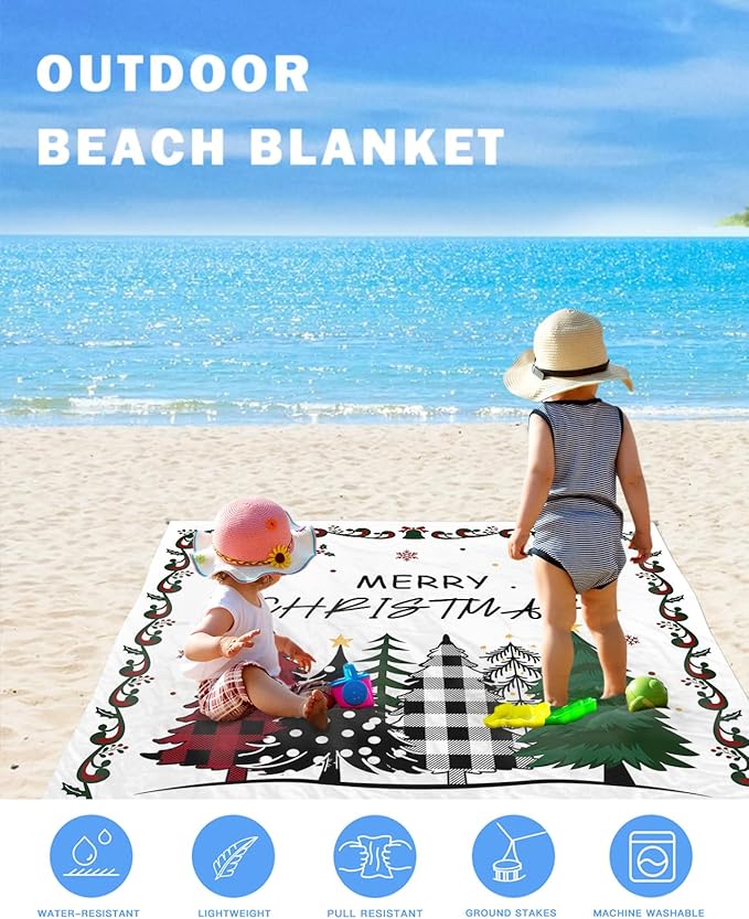 Beach Blanket Waterproof Sandproof Merry Christmas Xmas Tree Quick Drying Beach Mat with 4 Stakes Winter Snowflakes Holly Berries on White Lightweight Picnic Blanket for Travel Camping 95x80