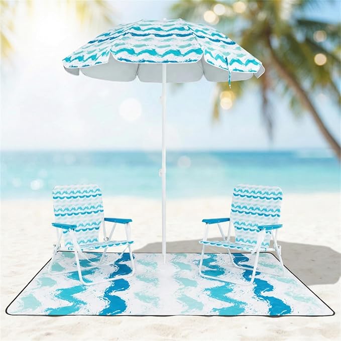 Portable 4 Pieces Beach Set with 6.2ft Sun-Proof Umbrella 2 Foldable Chairs and 80 x 80 Waterproof Blanket 30° Tilt System Umbrella with Sand Anchor &amp Carrying Bag for Picnic &amp Camping (Bl