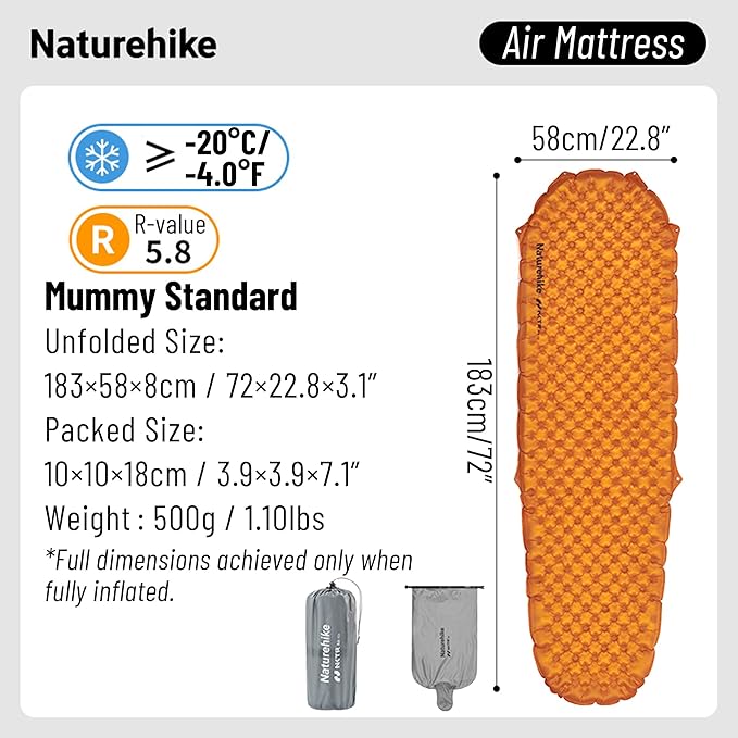 Naturehike Ultralight Insulated Sleeping Pad - R5.8 Insulated Inflatable Sleeping Pad 3.1in Thickened Portable Compact Backpacking Sleeping Mat for Camping Hiking Climbing with Inflatable Bag