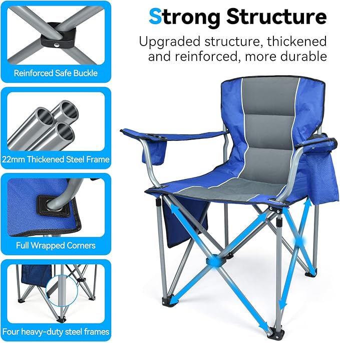 Oversized Camping Chairs for Adults Folding Chairs for Outside Heavy Duty - 400lbs Support with Cup Holder Cooler Bag and Side Pocket Portable for Lawn Outdoor Sports