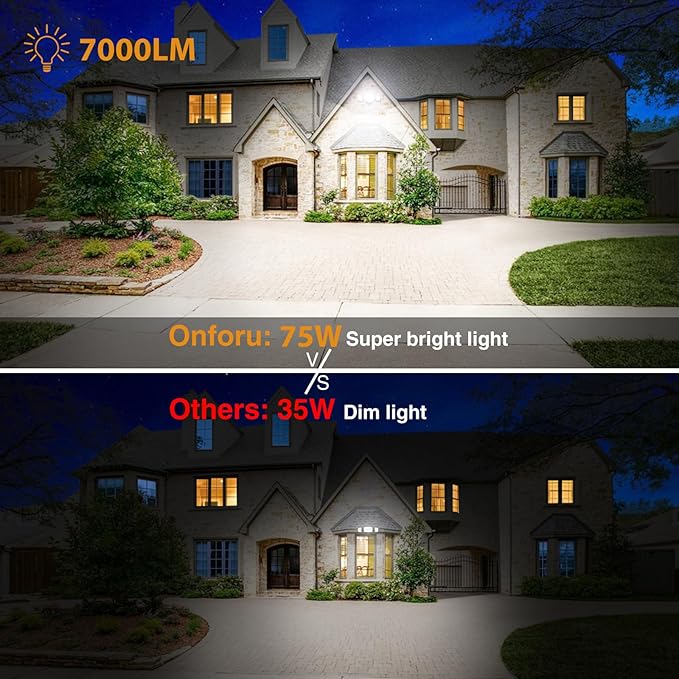 Onforu 75W Flood Lights Outdoor 7000LM Brightness Security Lights Switch Controlled 3 Adjustable Heads IP65 Waterproof 6500K Wall Mount Exterior LED Flood Light