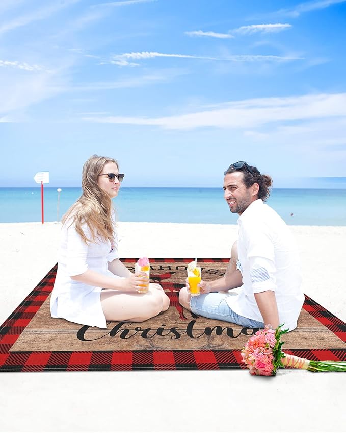 Beach Blanket Waterproof Sandproof Christmas Cow Pig Chicken Farm Animals Quick Drying Beach Mat with 4 Stakes Red Buffalo Plaid Vintage Brown Wood Lightweight Picnic Blanket for Travel 118x108