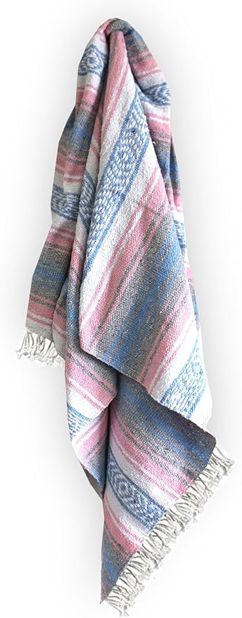 Del Mex Classic Mexican Blanket Large Authentic Woven Falsa Throw (70x50) Artisan Southwest Décor for Beach Yoga Outdoors (Light Pink/Blue)
