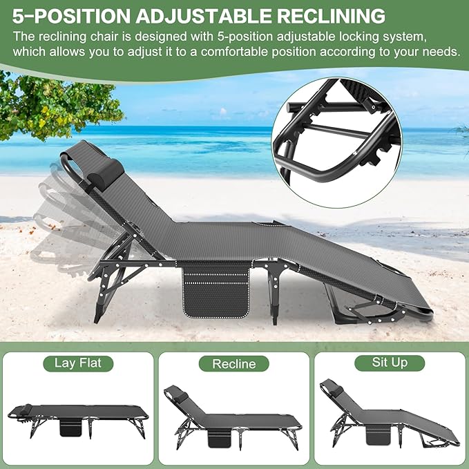 Barbella Folding Lounge Chair with Mattress 4 Position Adjustable Folding Sleeping Bed Cot Patio Chaise Lounge Chairs Perfect for Sunbathing Camping Pool Beach Patio Black Chair/Blue Pad