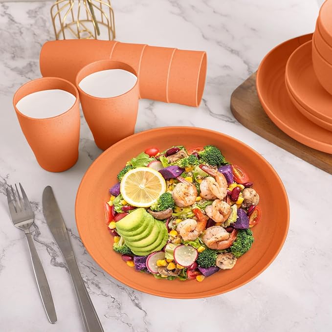 Orange Plastic Dishes Set for 8 includes Dinner PlatesPasta BowlsSoup Bowls and Drinking CupsUnbreakable Orange Plastic Plates Set Microwave Dishwasher Safe For Thanksgiving Dinnerware Sets32PCS