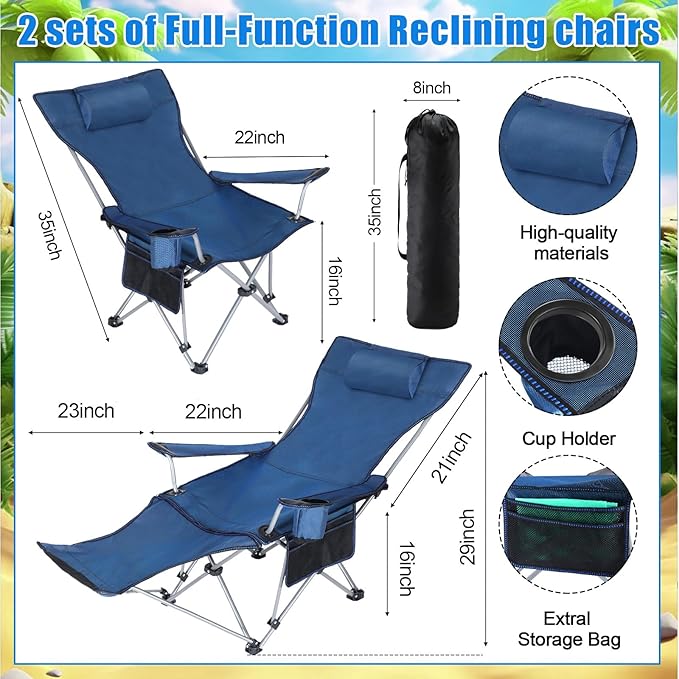 Karenhi 2 Set Beach Camping Chair with Umbrella for Adult Folding Reclining Camping Chair with Foot Rest Adjustable Clamp Canopy Shade for Outdoor Patio Travel Beach(Blue)