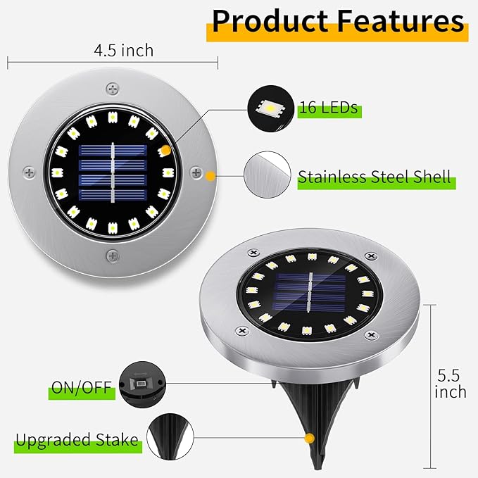 NFESOLAR 16 Pack Solar Lights Outdoor 16 LEDs Multi-Color Solar Ground Lights Waterproof Landscape Light for Pathway Garden Walkway Driveway Yard Decorations