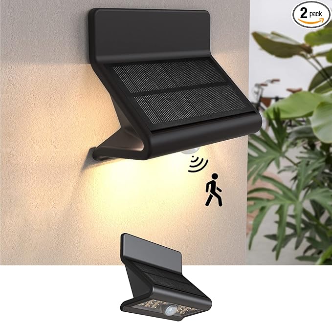 Motion Sensor Outdoor Lights with Optical Lens - 3 Modes IP44 Waterproof Solar Wall Light for Garden Patio Yard (2 Pack)