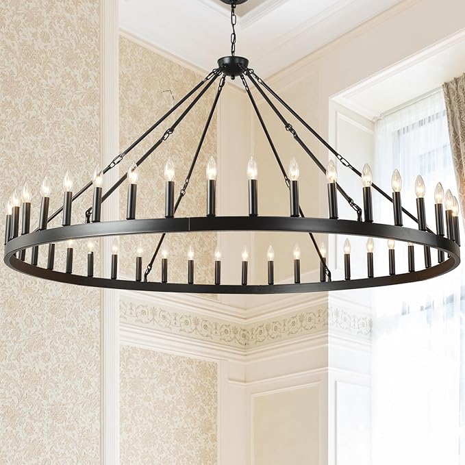 64 Inch Extra Large Black Wagon Wheel Chandelier 42-Light Farmhouse Wagon Wheel Chandeliers Round Industrial Ceiling Light fixtures for Outdoor Porch high Ceilings Living Dining Room Foyer Entryway