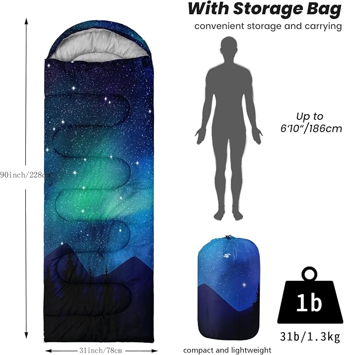 Sleeping Bags for Adults Youth Kids3D Printing Camping Sleeping Bag for Girls Boys Lightweight Waterproof Cold/Warm Weather Sleeping Bag for 3 Seasons