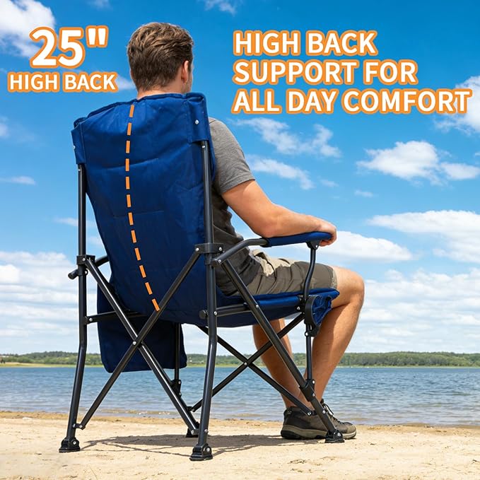 Romswi Oversized Camping Chairs 2 Pack 500 LBS Heavy Duty Folding Lawn Chairs with Hard Armrests Wide Seat Outdoor Chairs with Cup Holder &amp Side Pocket for Camping Beach Sports Backyard