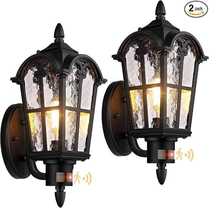 16in 2-Pack Large Motion Sensor Outdoor Wall Lights Dusk to Dawn Porch Lights Wall Mount Vintage Exterior Light Fixtures Sconces Lighting Black Wall Lanterns Outside Lights for House Front Door