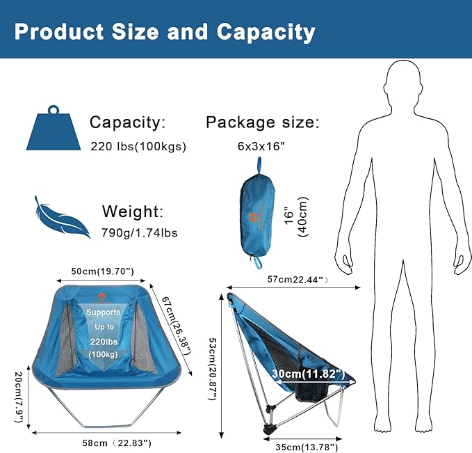 Ultralight Folding Camping Chair Low Lightweight Foldable Camp Chairs with Carry Bag for Hiking Backpacking Picnic Outdoor Concert Sports Events Beach