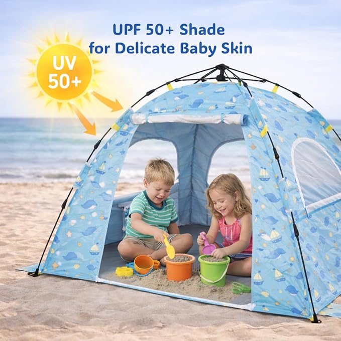 NXONE Baby Beach Tent with UPF 50+ Sun Protection Pop-Up Shade Designed for Toddlers &amp Infants Wind-Resistant Breathable &amp Portable for Family Beach Trips