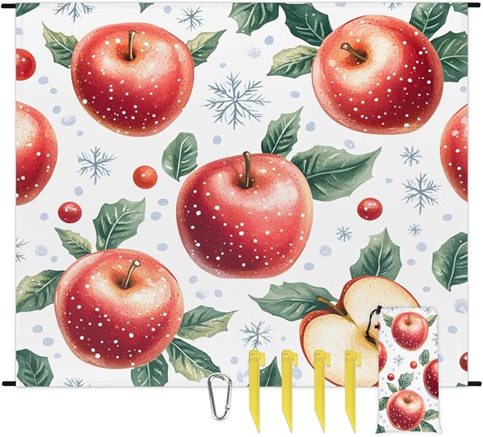 Waterproof Sandproof Beach Blanket 59''×68'' Holiday Apple Pattern Polyester Outdoor Picnic Blanket with 4 Stakes &amp Storage Bag for BeachCampingVacation