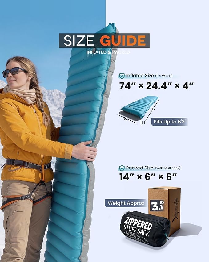ZOOOBELIVES Inflatable Camping Sleeping Pad 4-Inch Thick Full Air Support No Bottoming Out for Side Sleepers Camping &amp Backpacking Mattress with Built-in Foot Pump Durable &amp Compact – Airl
